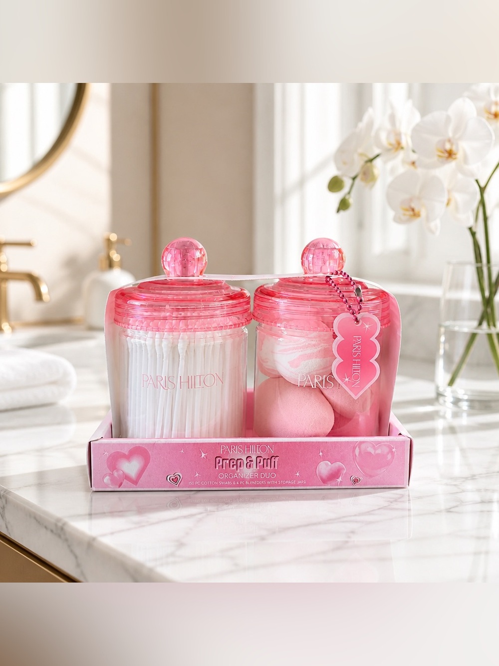 Paris Hilton Prep & Puff Organizer Duo Cotton Swabs & 6 Makeup Sponges